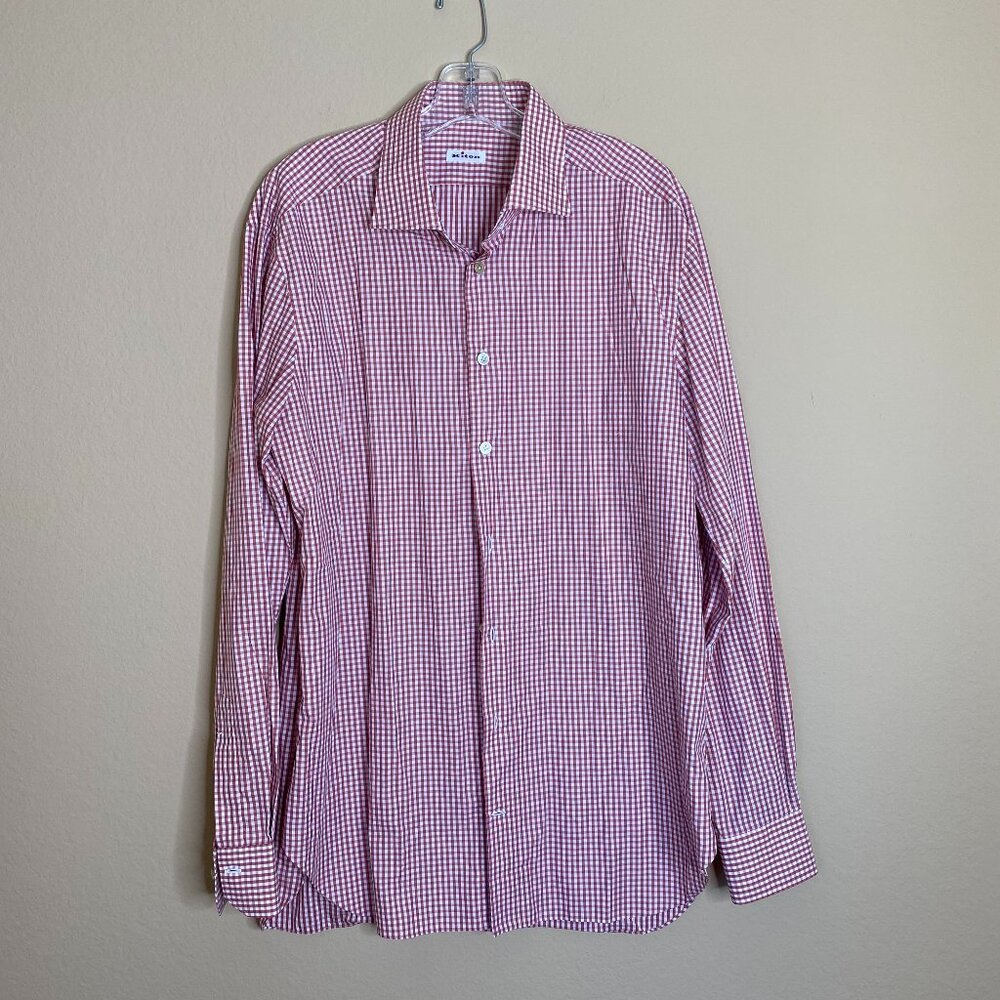 kiton red, white & pink check dress shirt